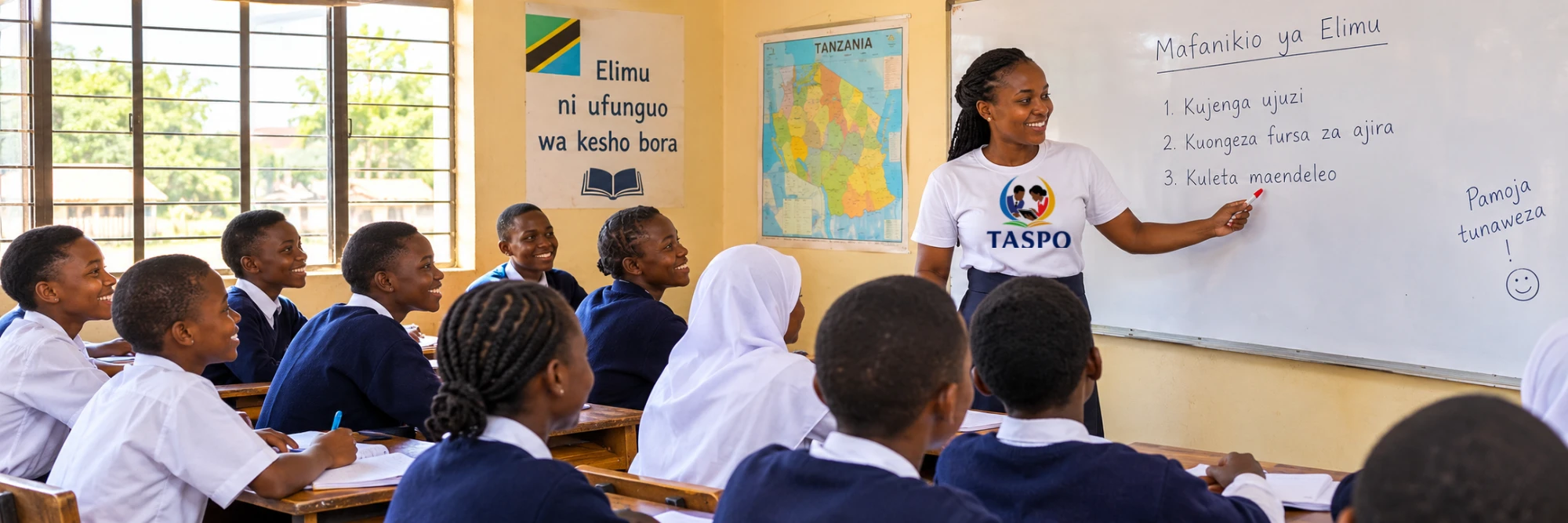 A teacher in a TASPO T-shirt writing a lesson in Kiswahili on a whiteboard while smiling students look on