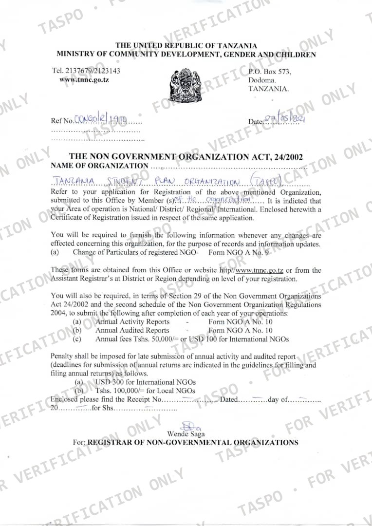 Ministry of Community Development, Gender and Children registration letter