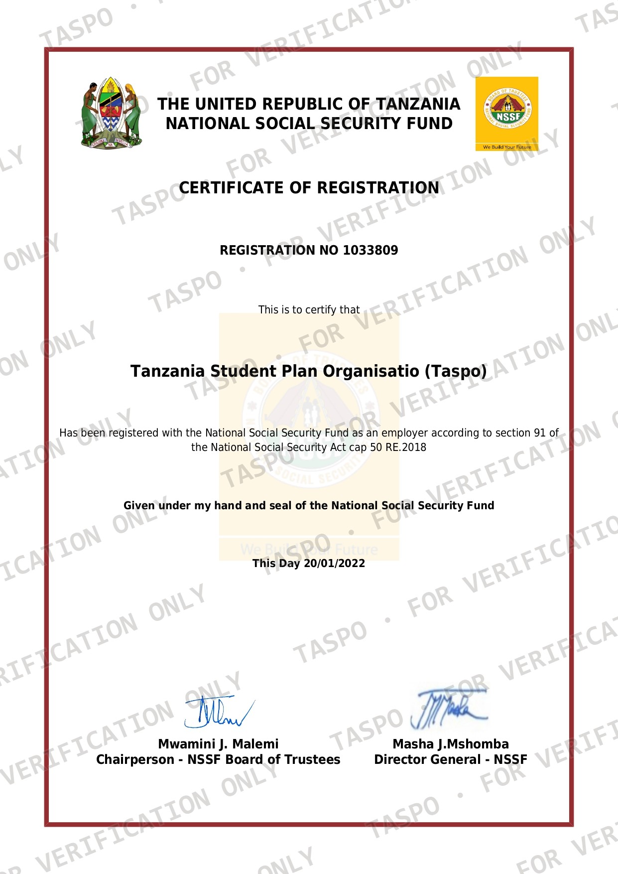 NSSF Certificate of Registration, English