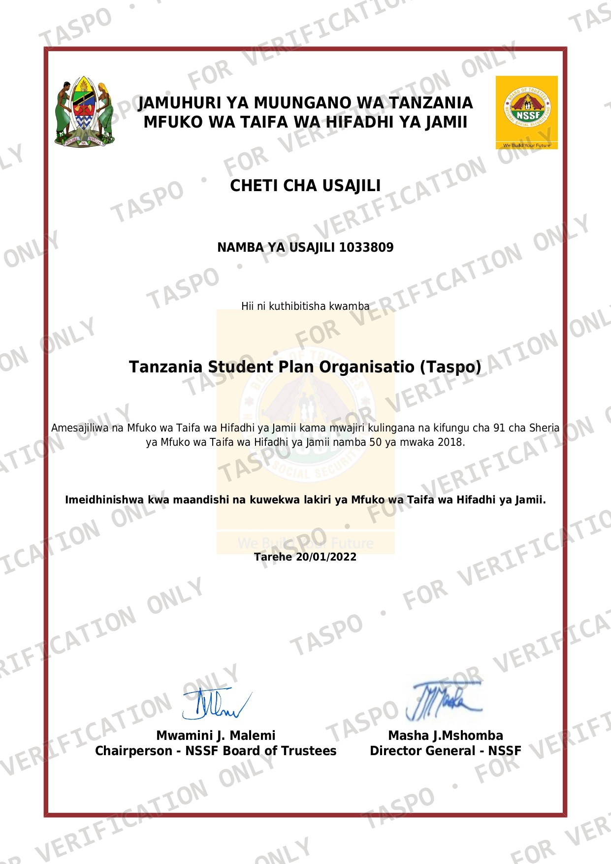 NSSF Certificate of Registration, Swahili